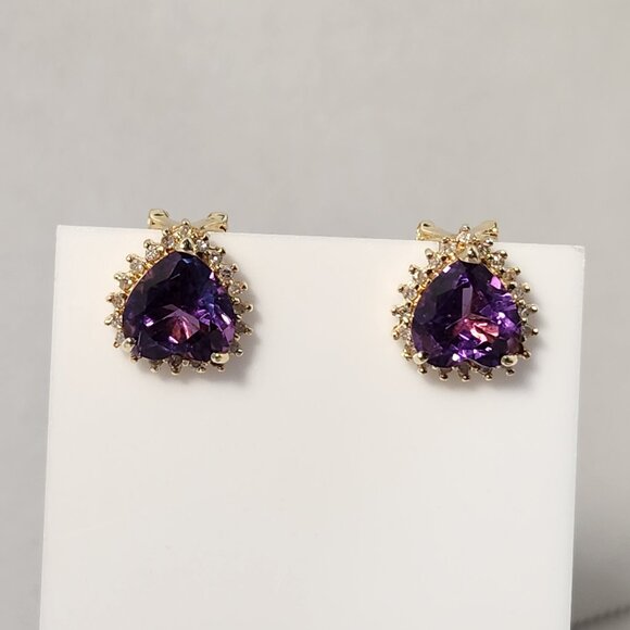 Vtg 80's 4.69g 14K Gold Natural Amethyst & Diamond Omega Back Earrings - Picture 11 of 15